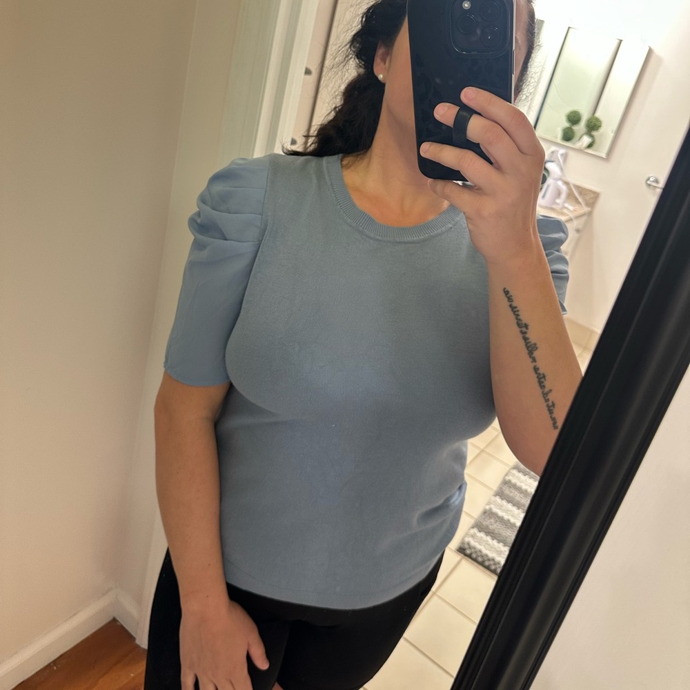 Adrianna Papell - Size L Dusty Blue Puff Sleeve Knit Top